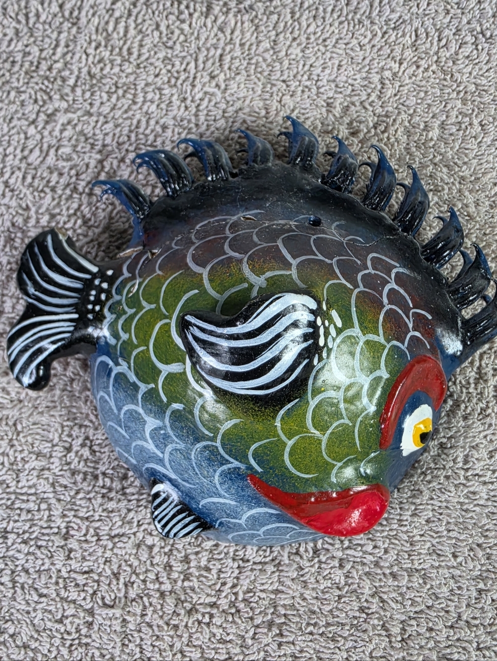 Hand-Painted Decorative Coconut Fish Ornament - Green/Blue